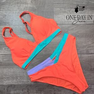 Aleumdr V Front High Cut Bikini Swimsuit Neon Coral Colorblock Size XL